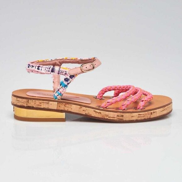 Chanel Pink/Yellow Fabric Braided Fabric Flat Sandals Size 5/35.5 - Picture 4 of 5